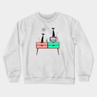 Mid Century Cats Sitting on a Retro TV Table Crewneck Sweatshirt